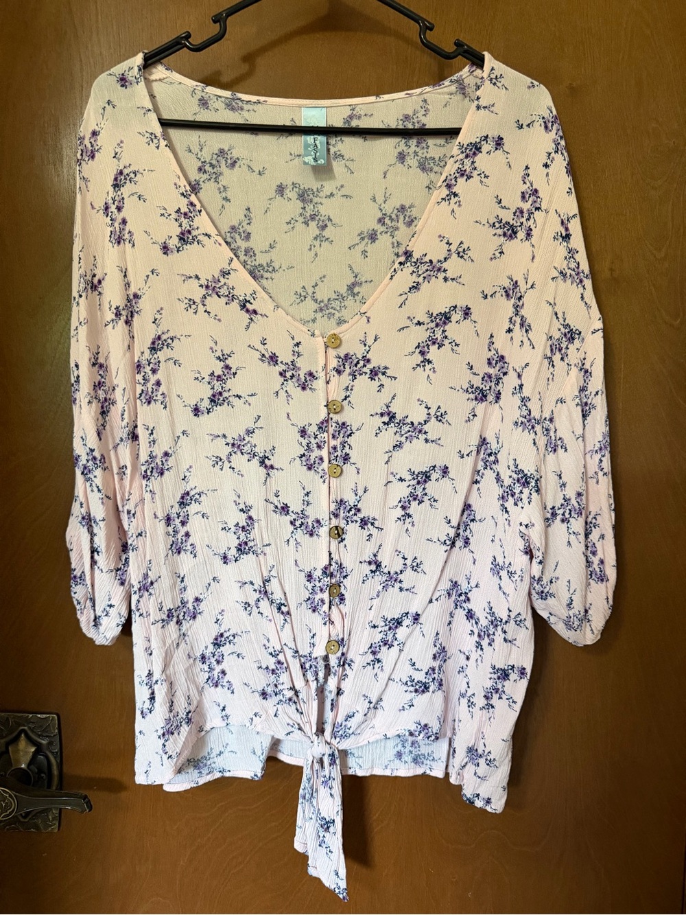 Women's Pink Floral Tie-Front V-Neck Blouse